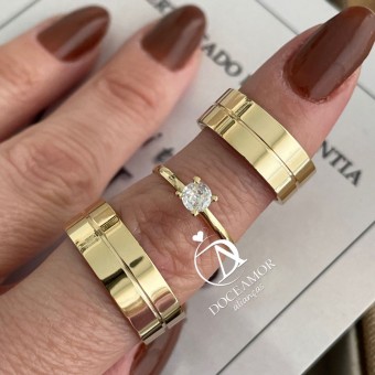 Par de Alianças em Prata 950 com Banho de Ouro 18k Modelo: DA-059 - Solitário Tradicional