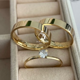 Par de Alianças em Prata 950  Banho Ouro 18K  5mm Modelo: DA-027  Solitário Tradicional