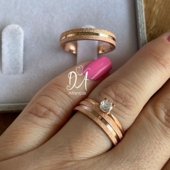 Alianças em Prata 950 - Maya - 4mm  com Banho de Ouro Rose - Solitário Tradicional 