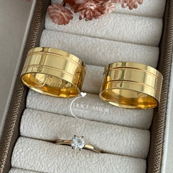 Par de Alianças em Prata 950  com Banho de Ouro 18K 10mm Modelo: DA-053  Solitário Tradicional 