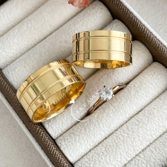 Par de Alianças em Prata 950  com Banho de Ouro 18K 10mm Modelo: DA-053  Solitário Tradicional 
