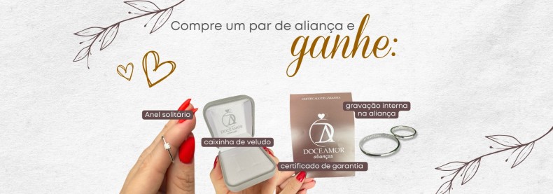 Compre um par de aliança e ganhe: Anel solitário, caixinha de veludo, certificado de garantia 