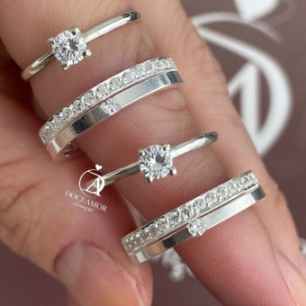 Alianças em Prata 950 - Lume - 4mm - com pedras - Solitário Tradicional 