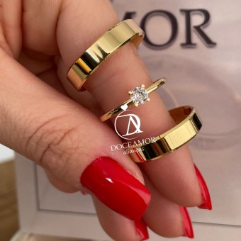 Par de Alianças em Prata 950 com Banho de Ouro 18K  5mm Modelo: DA-024 -2  Solitário Tradicional