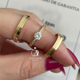 Par de Alianças em Prata 950  Banho Ouro 18K - 3mm   Modelo: DA-039 Solitário Ellegance