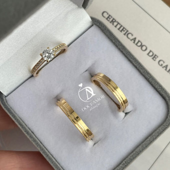 Par de Alianças em Prata 950  Banho Ouro 18K - 3mm   Modelo: DA-039 Solitário Ellegance