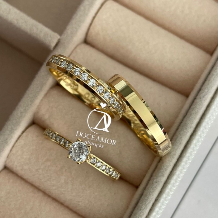 Par de Alianças em Prata 950 com Banho de Ouro 18K  3mm Modelo: DA-024 -5 Solitário Ellegance