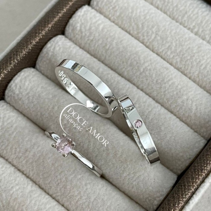 Alianças em Prata 950 - Selene - 2mm - Com  Pedra - Solitário Tradicional 