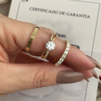 Alianças em Prata 950 - Banho de Ouro 18K - Cristal - 3mm  - Solitário Princes