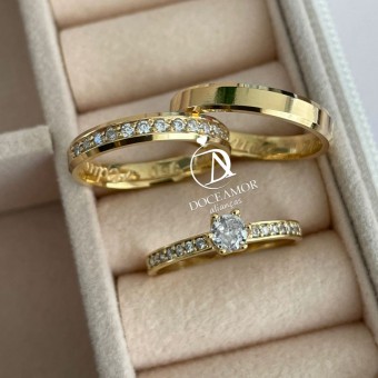 Par de Alianças em Prata 950 com Banho de Ouro 18K  3mm Modelo: DA-024 -5 Solitário Ellegance