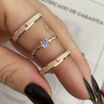 Alianças em Prata 950 - 3mm -  Sol e Lua Com Banho de Ouro Rose -  Solitário Tradicional