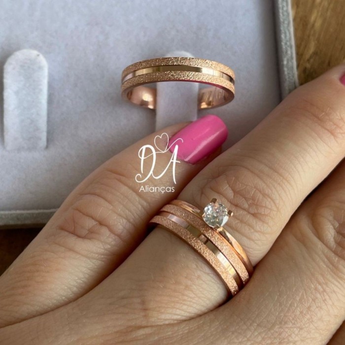 Alianças em Prata 950 - Maya - 4mm  com Banho de Ouro Rose - Solitário Tradicional 