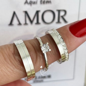 Alianças em Prata 950 - Estela - 4mm -  Solitário Tradicional 