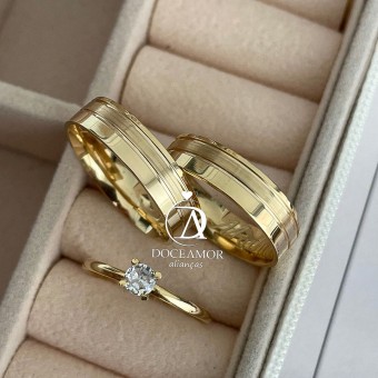 Par de Alianças em Prata 950  com Banho de Ouro 18K 5mm Modelo: DA-053-1  Solitário Tradicional 