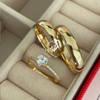 Par de Alianças em Prata 950  Banho Ouro 18K  - 4mm  Modelo: DA-016-4 Solitário Bella