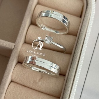 Alianças em Prata 950 - Estela - 4mm -  Solitário Tradicional 
