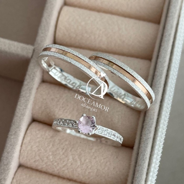 Alianças em Prata 950 - Maya - 3mm - com Filetes Banhados no Ouro Rose - Solitário Elegance