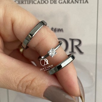 Par de Alianças em Prata 950 Banho  Ródio Negro - 3mm Modelo: DA-021-5 Solitário Tradicional