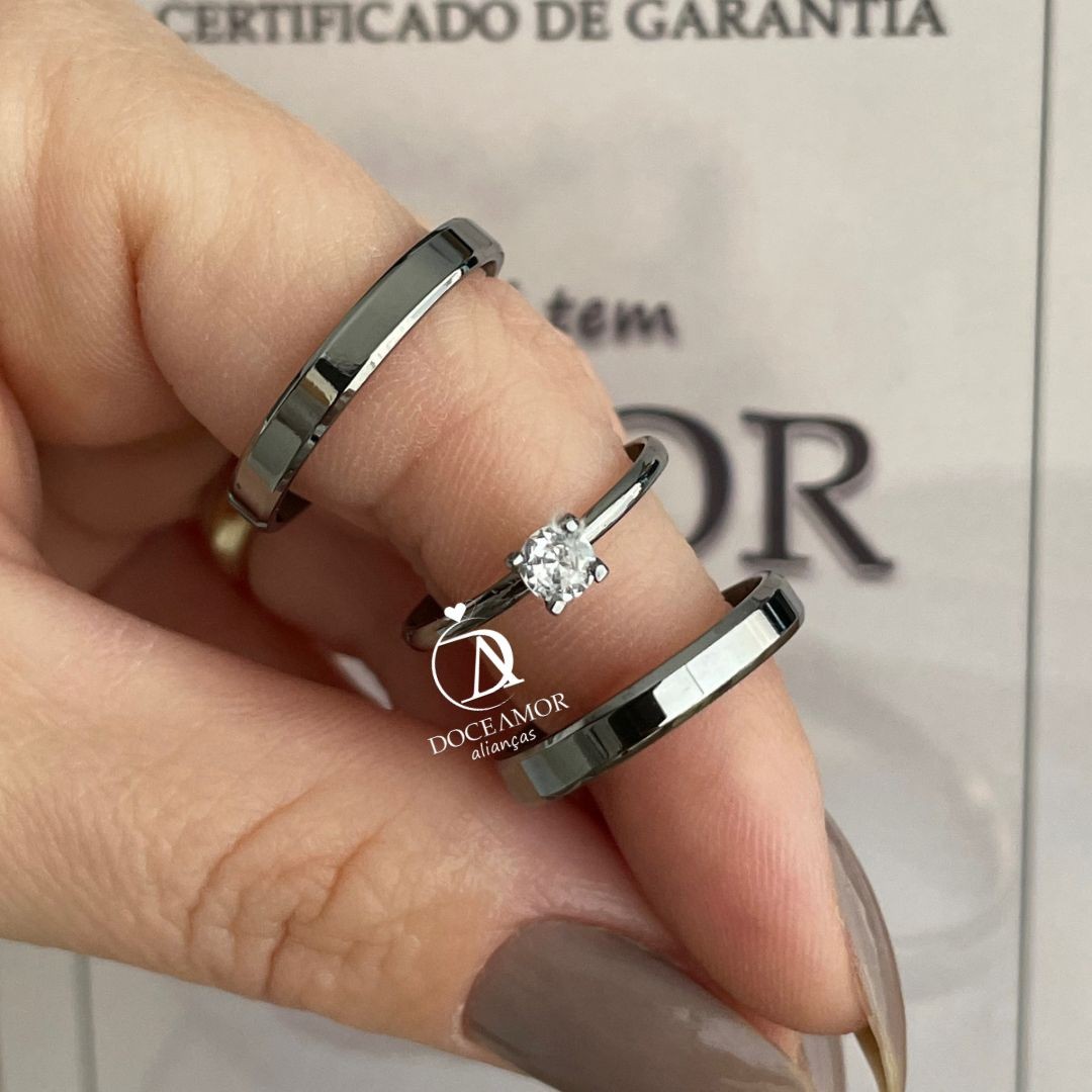 Par de Alianças em Prata 950 Banho  Ródio Negro - 3mm Modelo: DA-021-5 Solitário Tradicional